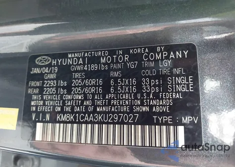 2019 Hyundai Kona Se z USA, uszkodzony, nr VIN KM8K1CAA3KU297027